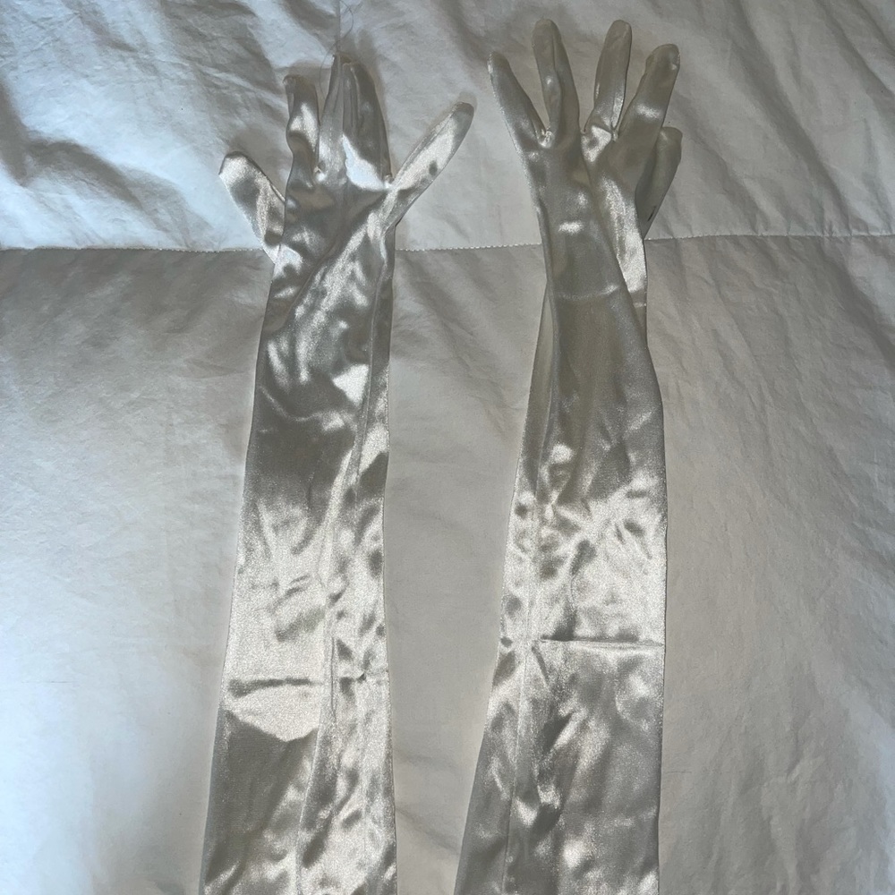 Long white satin gloves
